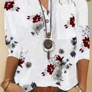 Flower Print 3/4 Sleeve Stand Collar with Button Women Blouse